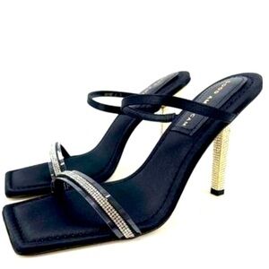 New GOOD AMERICAN Courts Black Satin & Rhinestone-Heels Sandals 7 MSRP $200